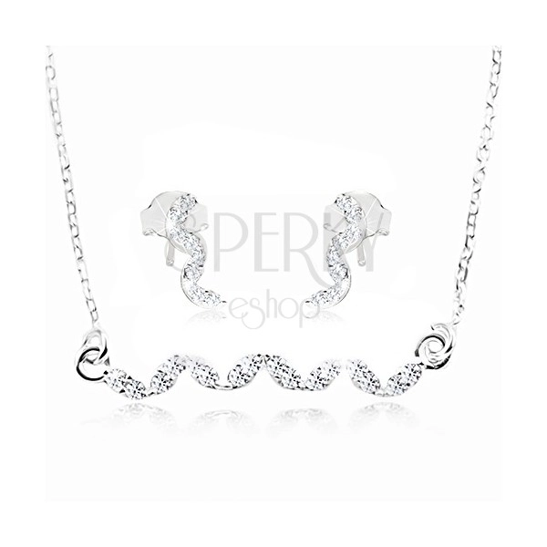 925 silver set, earrings and necklace - wave made of clear zircons