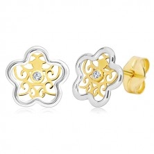 Earrings in 585 gold - flower in two colours with ornament and clear zircon