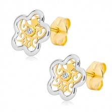 Earrings in 585 gold - flower in two colours with ornament and clear zircon