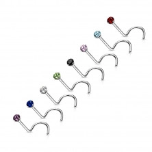 Curved nose piercing made of stainless steel – tiny coloured crystal in a mount