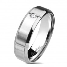 Steel ring of silver hue, matte stripe with clear zircon, 6 mm