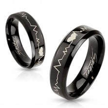 Stainless steel band in black colour - heart and cardiogram, 6 mm