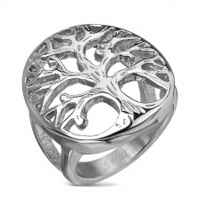 Stainless steel ring with life tree motif in a big oval, silver colour