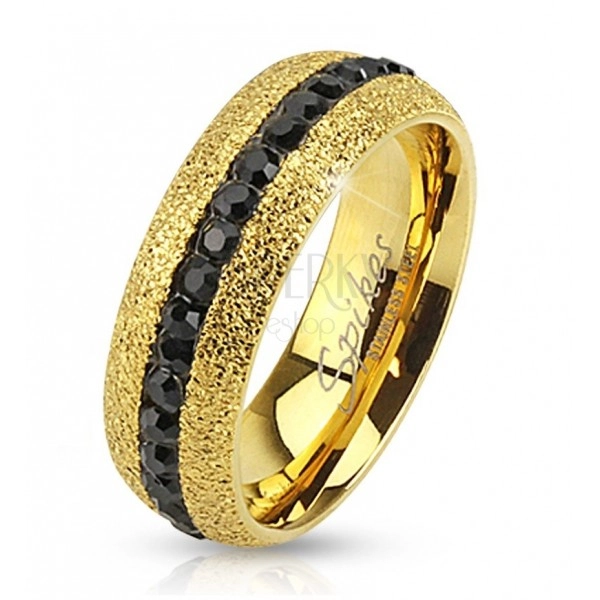 Steel ring in golden colour, sparkling, zircon stripe, 6 mm