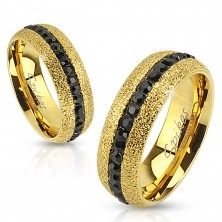 Steel ring in golden colour, sparkling, zircon stripe, 6 mm