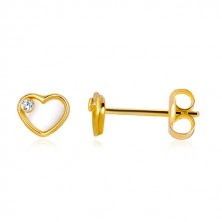 Yellow 585 gold earrings - heart with natural mother-of-pearl and zircon
