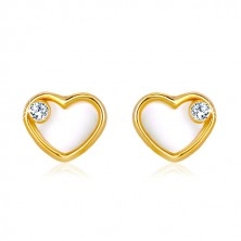 Yellow 585 gold earrings - heart with natural mother-of-pearl and zircon