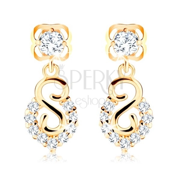 Yellow 585 gold earrings - spiral and arch with glittery brilliants