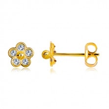 585 gold earrings - five-petal flower with zircons and gold ball in the centre