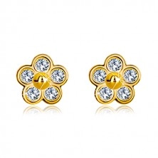 585 gold earrings - five-petal flower with zircons and gold ball in the centre
