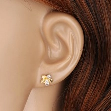 Stud earrings in 14K gold - bicolour flower with clear zircon