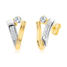14K gold earrings - a ribbon made of yellow and a stripe made of white gold, clear zircons