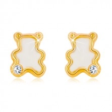 Yellow 14K gold earrings – bear with natural mother-of-pearl and zircon