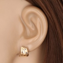 Combined 14K gold earrings - three semi-arches and grains, studs