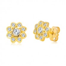 Earrings of yellow 585 gold - flower with oval lines and zircons, studs