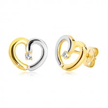 Stud earrings of 14K gold - two-colour contour of heart with zircon