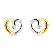 Stud earrings of 14K gold - two-colour contour of heart with zircon