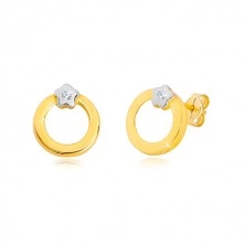 Stud 14K gold earrings - circle with flower in white gold, zircon