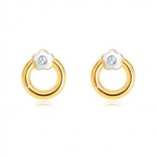 14K combined gold earrings - circle with flower and zircon