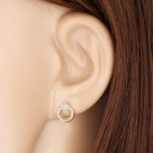 14K combined gold earrings - circle with flower and zircon