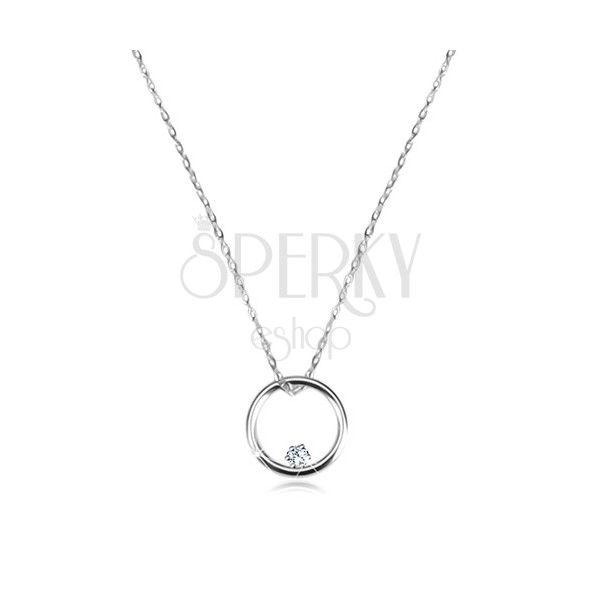 Necklace of white 375 gold - thin chain, glossy circle with zircon