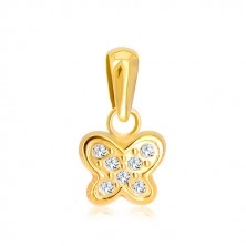 14K gold pendant - glossy butterfly inlaid with tiny clear zircons