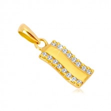 Yellow 585 gold pendant - glossy wavy strip, vertical zircon line
