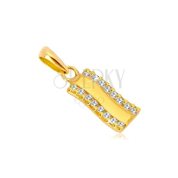 Yellow 585 gold pendant - glossy wavy strip, vertical zircon line