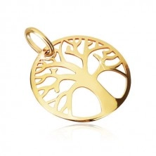 Yellow 375 gold pendant - decoratively carved circle, tree of life