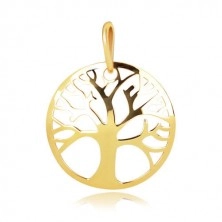 Yellow 375 gold pendant - decoratively carved circle, tree of life