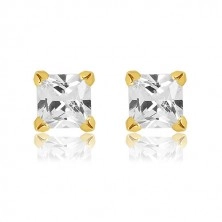 Yellow 9K gold earrings - glittery square zircon of clear colour, 6 mm