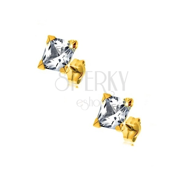 Yellow 9K gold earrings - glittery square zircon of clear colour, 6 mm