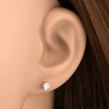 White 9K gold earrings - round glittery zircon in mount, 4 mm