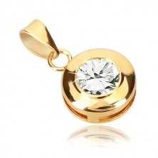 Yellow 9K gold pendant - circle with notches, glittery round zircon