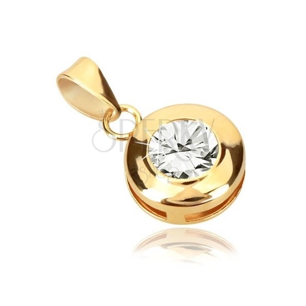 Yellow 9K gold pendant - circle with notches, glittery round zircon