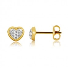 Yellow 9K gold earrings - symmetric heart inlaid with Swarovski crystal