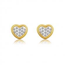 Yellow 9K gold earrings - symmetric heart inlaid with Swarovski crystal