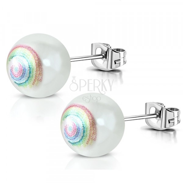 Stainless steel earrings - artificial pearl, spiral in rainbow colours, studs