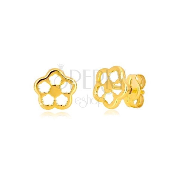 Yellow 585 gold earrings - flower contour with carved petals, studs