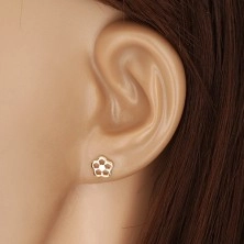 Yellow 585 gold earrings - flower contour with carved petals, studs