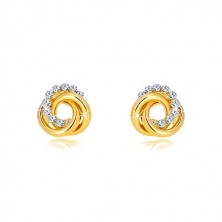 14K gold yellow earrings - two ringlets and zircon circle, studs