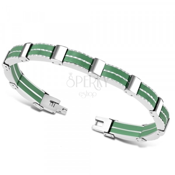 Bicolour steel bracelet – multi-links, green rubber strips
