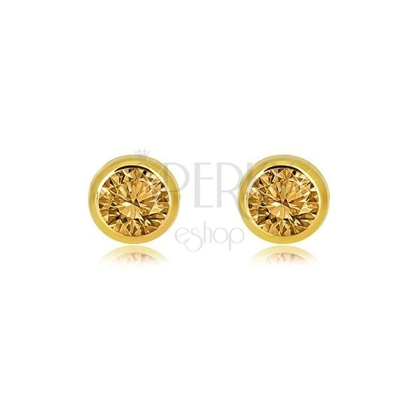 14K gold earrings – ground light yellow citrine, round mount, studs