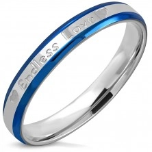 Bicolour ring made of stainless steel - bevelled edges, inscription "Endless Love", hearts, 3,5 mm