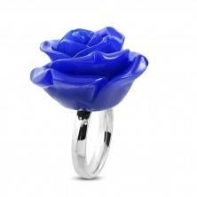 Steel ring - shiny ring, dark blue resin rose 