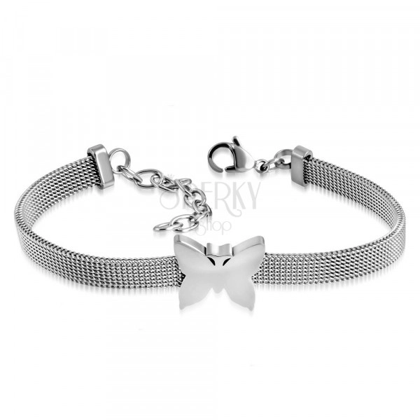 Silver steel bracelet, mesh design, shiny butterfly