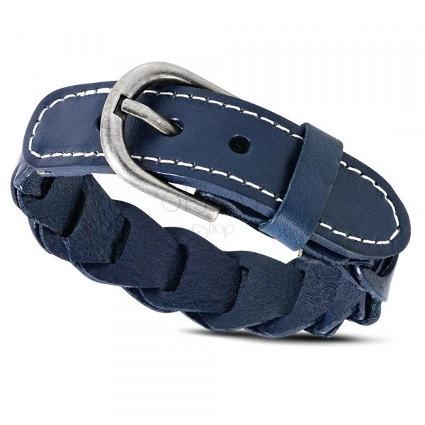 Bracelet made of genuine leather - blue stripe sewed with white rivet, carved segments