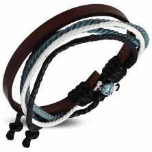 Adjustable bracelet - dark brown strip of artificial leather, various cords