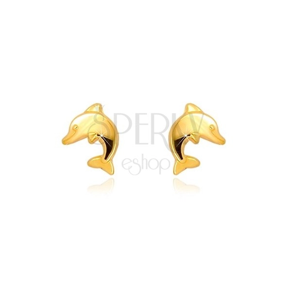 Yellow 9K gold earrings - dolphin in jump, stud fastening