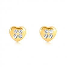 Yellow 9K gold earrings - symmetric heart with four zircons, studs